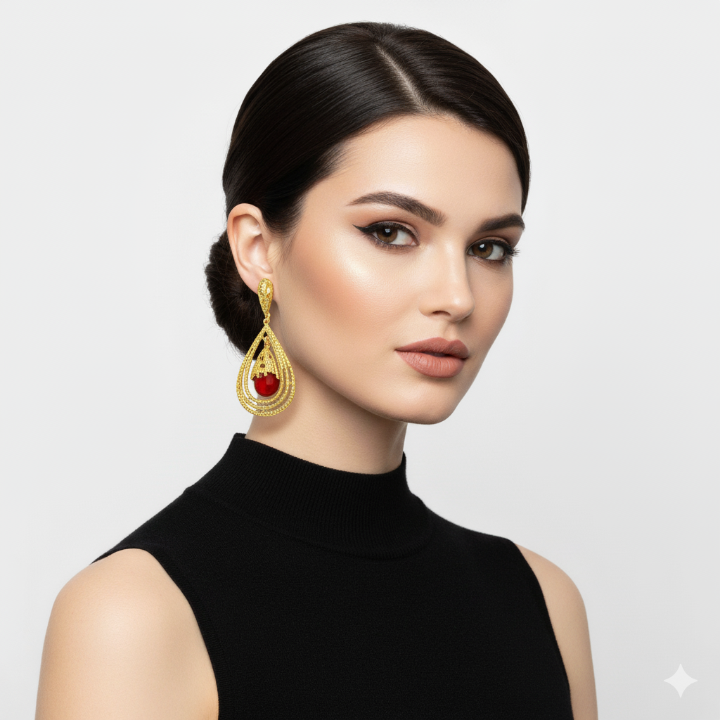 Aretes dorados largos con piedra roja estilo lágrima – Veramorest