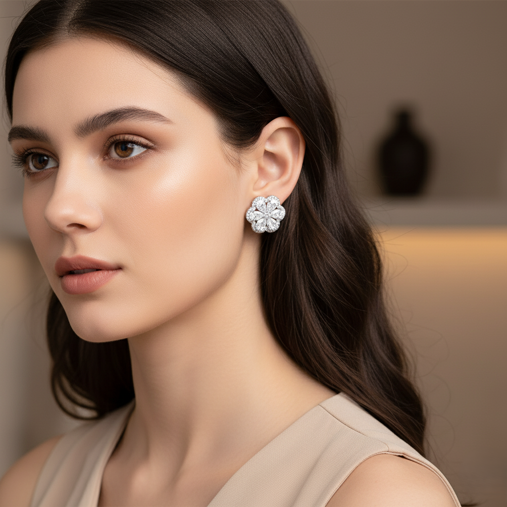 Aretes florales con zirconias brillantes y baño de platino – Veramorest