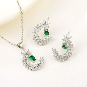 Collar y Aretes en Baño de Plata con Cristales y Piedra Verde | Veramorest