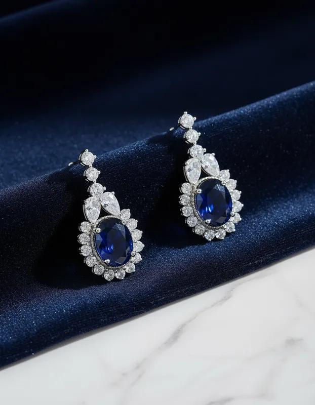 Aretes elegantes con cristal azul en forma ovalada y borde de circones brillantes – Veramorest Aretes elegantes con cristal azul en forma ovalada y borde de circones brillantes – Veramorest