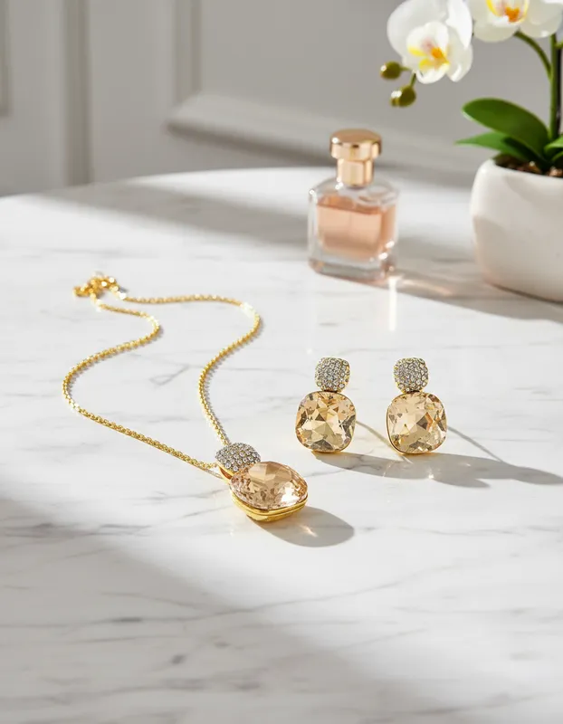 Set de joyería geométrica dorada con cristales Veramorest_2