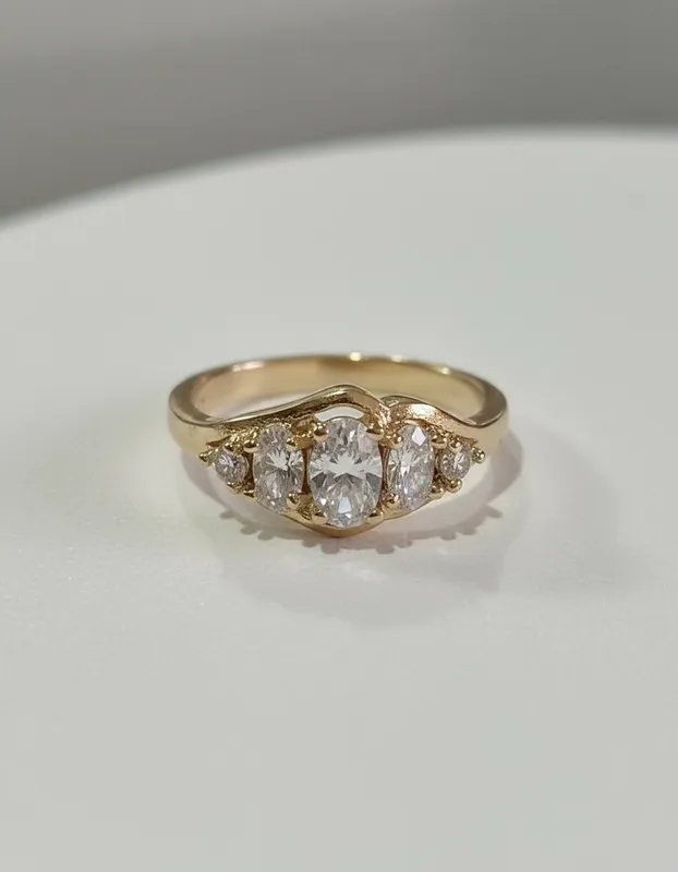 Anillo dorado con cinco circonias transparentes en corte ovalado – estilo elegante y simbólico de Veramorest.