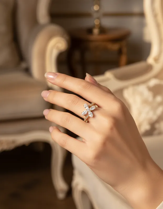 Anillo dorado con flor de circonias blancas marquise – diseño elegante y luminoso de Veramorest.