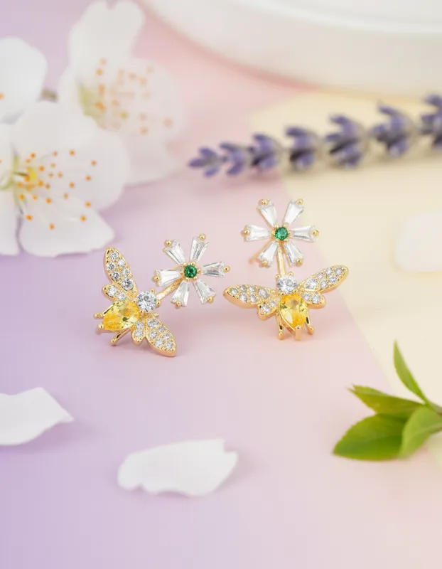 Aretes Abeja y Flor en Circonia | Veramorest - Imagen 2