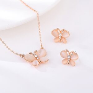 Set Collar Y Aretes Mariposa Rosa