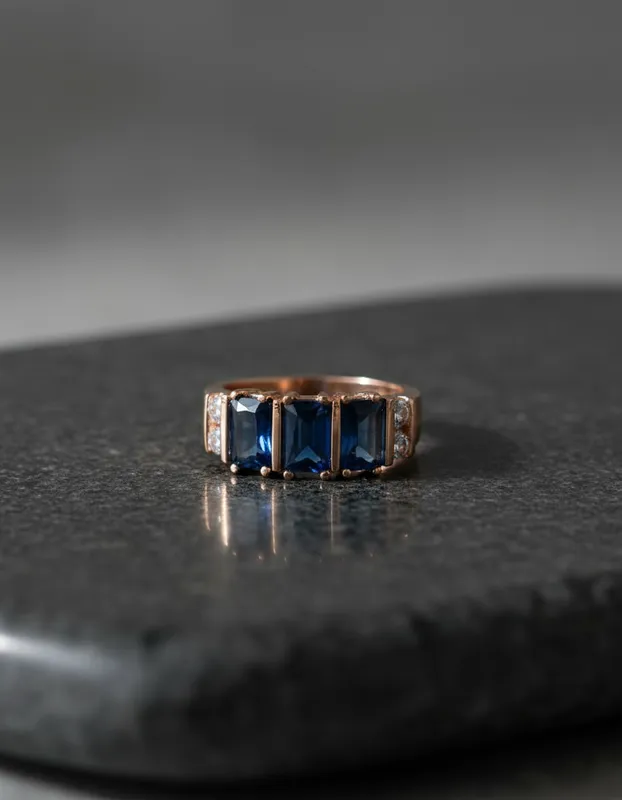 Anillo con piedras azul zafiro inspirado en Proverbios 31:25. Elegancia con propósito. Veramorest