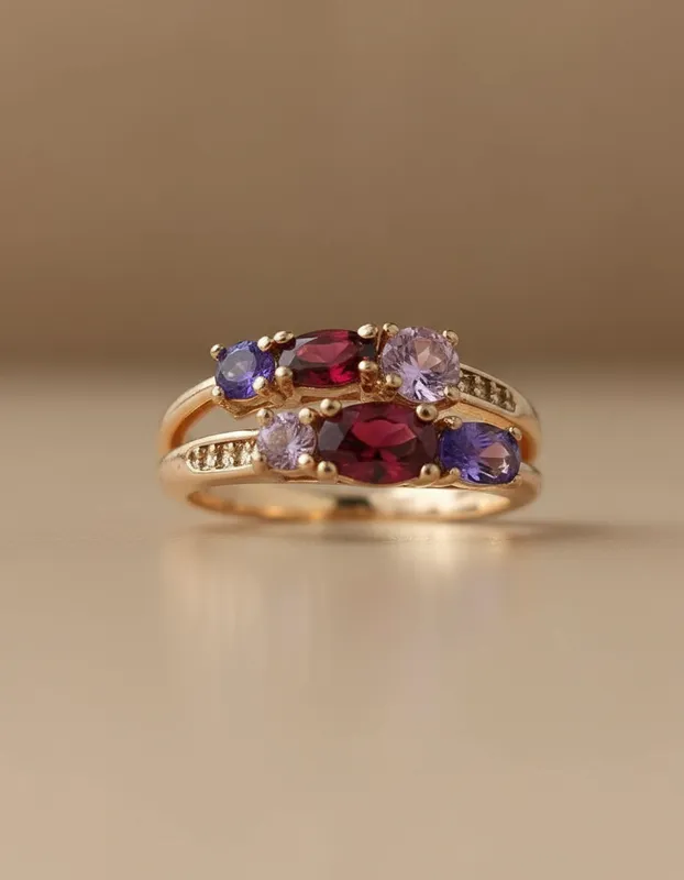Anillo doble con cristales en tonos vino y lavanda. Inspirado en Proverbios 31:25: “Se reviste de fuerza y dignidad”.