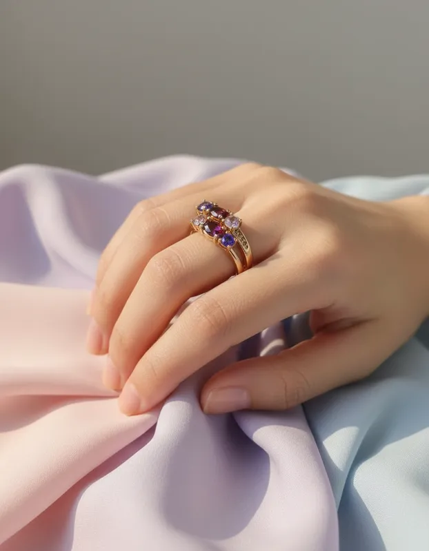Anillo doble con cristales en tonos vino y lavanda. Inspirado en Proverbios 31:25: “Se reviste de fuerza y dignidad”. Veramorest