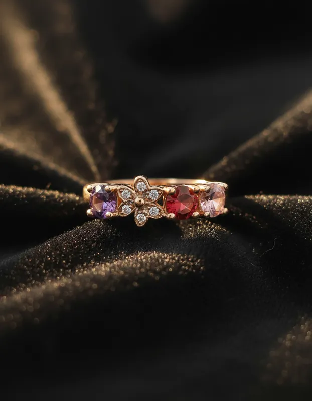 Anillo de diseño floral con circonias en tonos rojo, lila y rosa sobre base dorada rosada – joya delicada y significativa de Veramorest.
