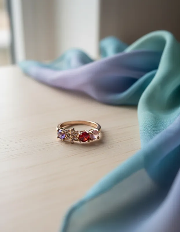 Anillo de diseño floral con circonias en tonos rojo, lila y rosa sobre base dorada rosada – joya delicada y significativa de Veramorest.