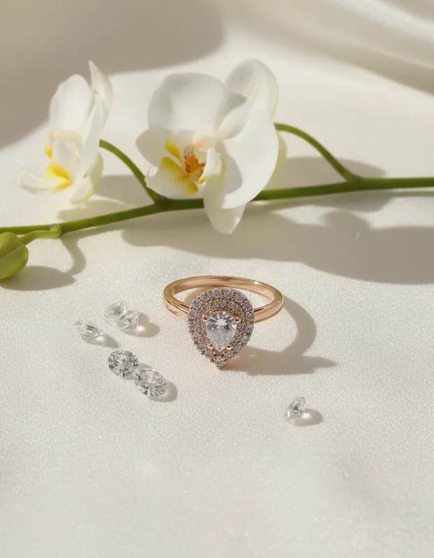 Anillo forma de gota con brillantes, inspirado en Cantares 4:7. Belleza sin defecto para mujeres únicas. Veramorest.