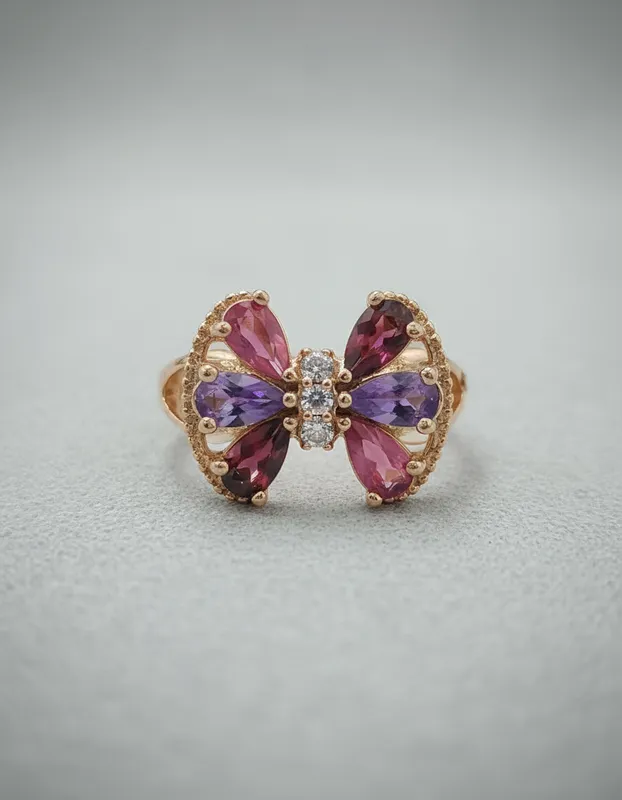 Anillo dorado con forma de lazo y cristales en tonos rosado, violeta y rojo – diseño alegre y sofisticado Veramorest.